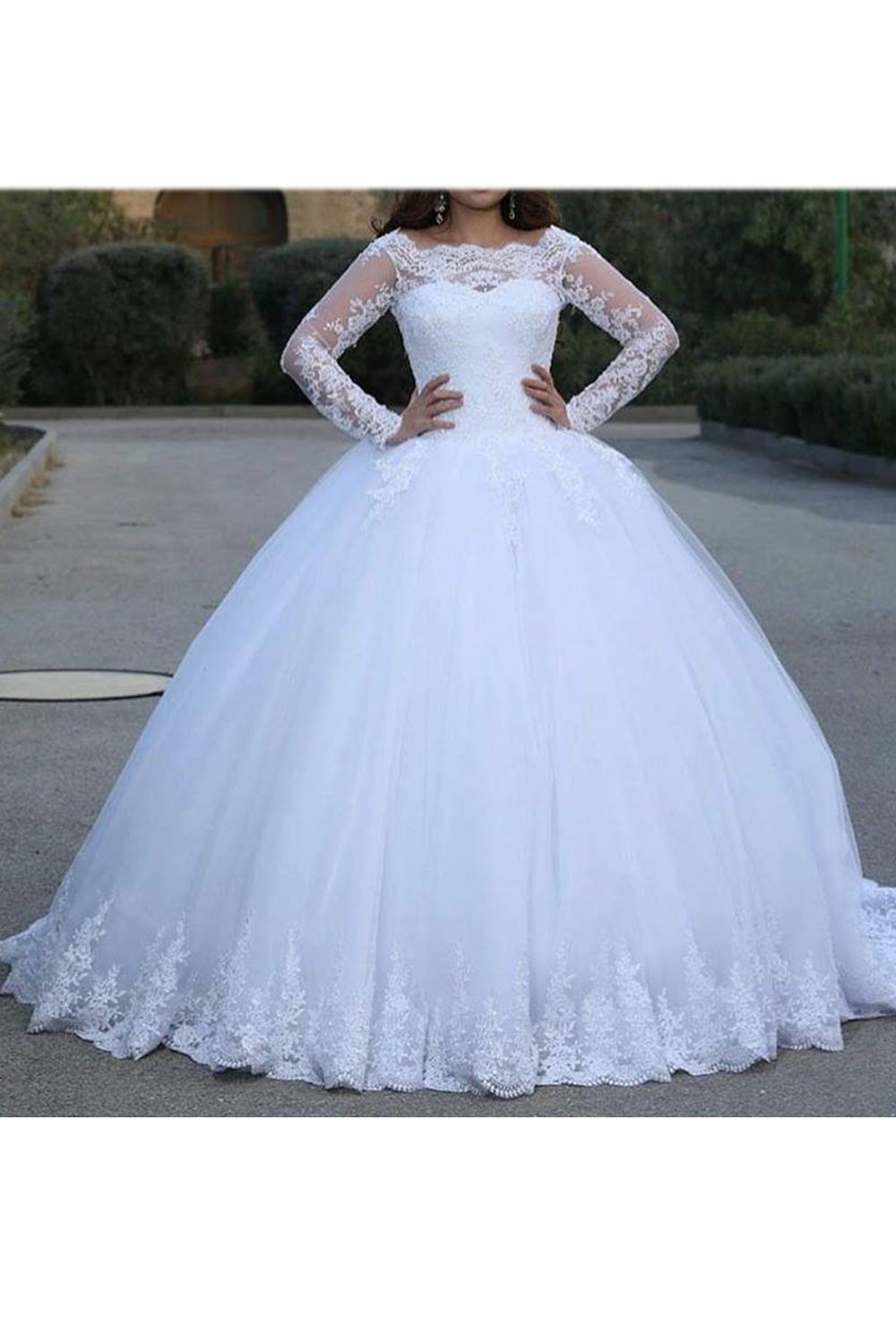 Women Long Sleeve Solid Colored Ball Gown Wedding Dress