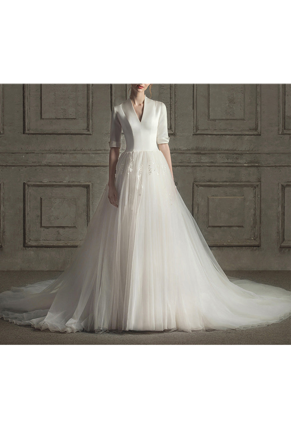 Women Deep V-Neck Silky Solid Colored Long Tail Skirt Wedding Dress