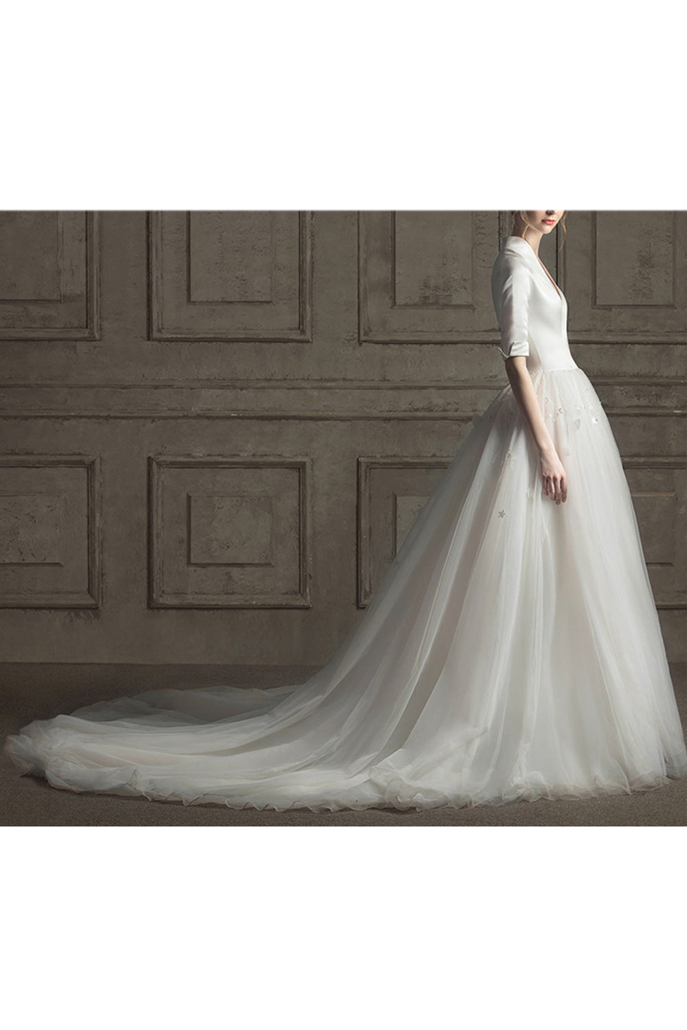 Women Deep V-Neck Silky Solid Colored Long Tail Skirt Wedding Dress
