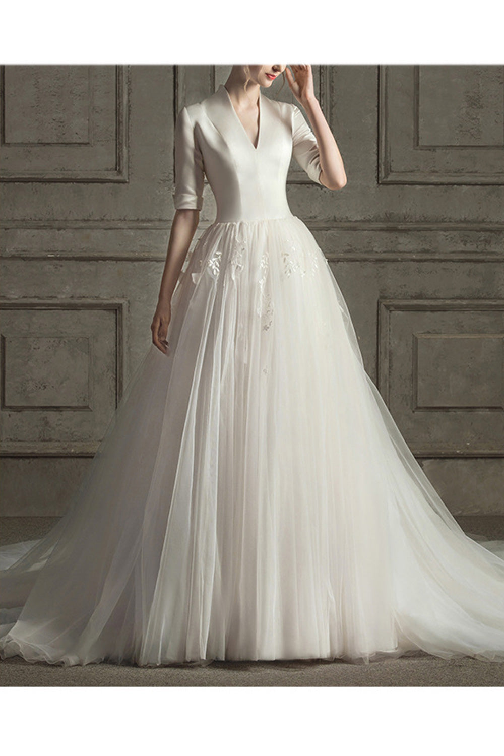 Women Deep V-Neck Silky Solid Colored Long Tail Skirt Wedding Dress
