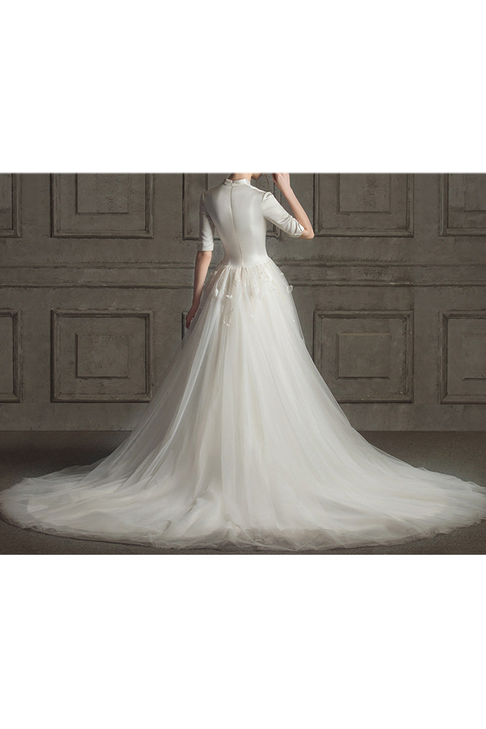 Women Deep V-Neck Silky Solid Colored Long Tail Skirt Wedding Dress