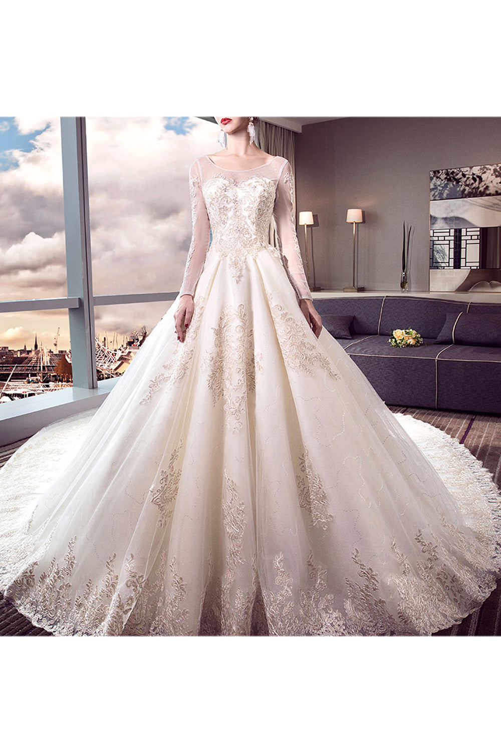 Women Thin Long Sleeve Round Neck Lace Embroidered Wedding Dress