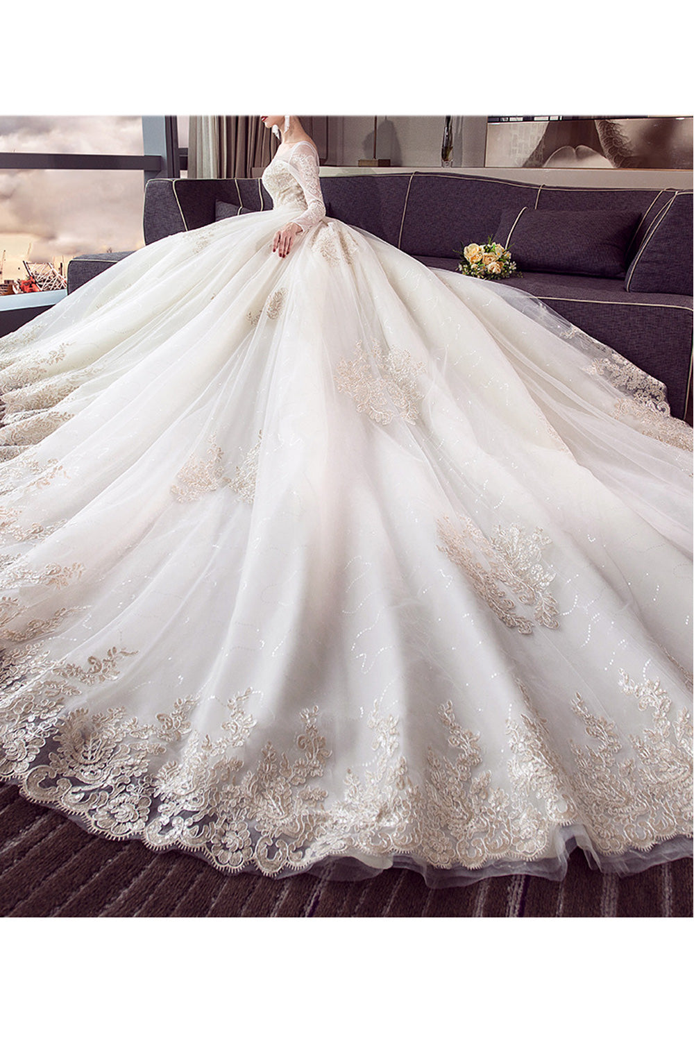 Women Thin Long Sleeve Round Neck Lace Embroidered Wedding Dress