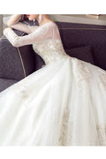 Women Thin Long Sleeve Round Neck Lace Embroidered Wedding Dress