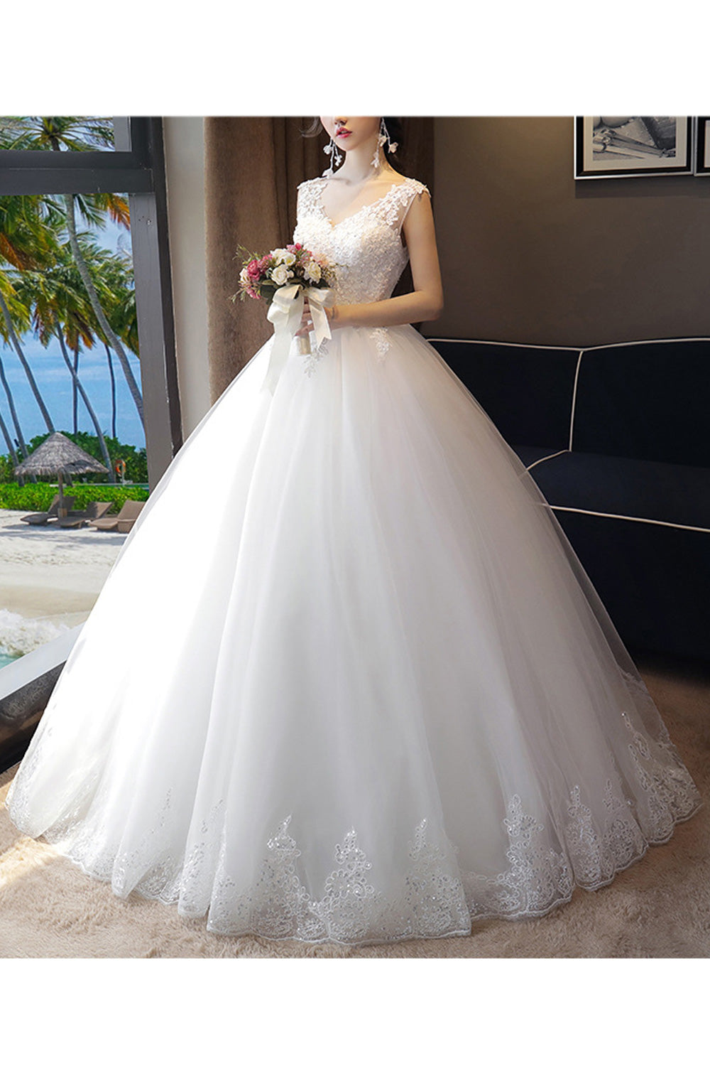 Women V-Neck Style Sleeveless Solid Pattern Floral Decorated Wedding Dress