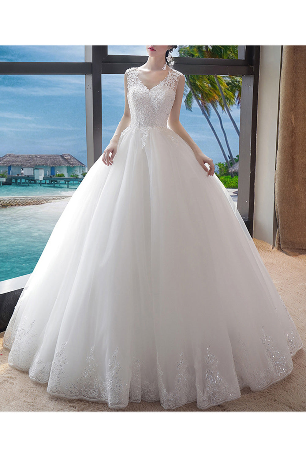 Women V-Neck Style Sleeveless Solid Pattern Floral Decorated Wedding Dress