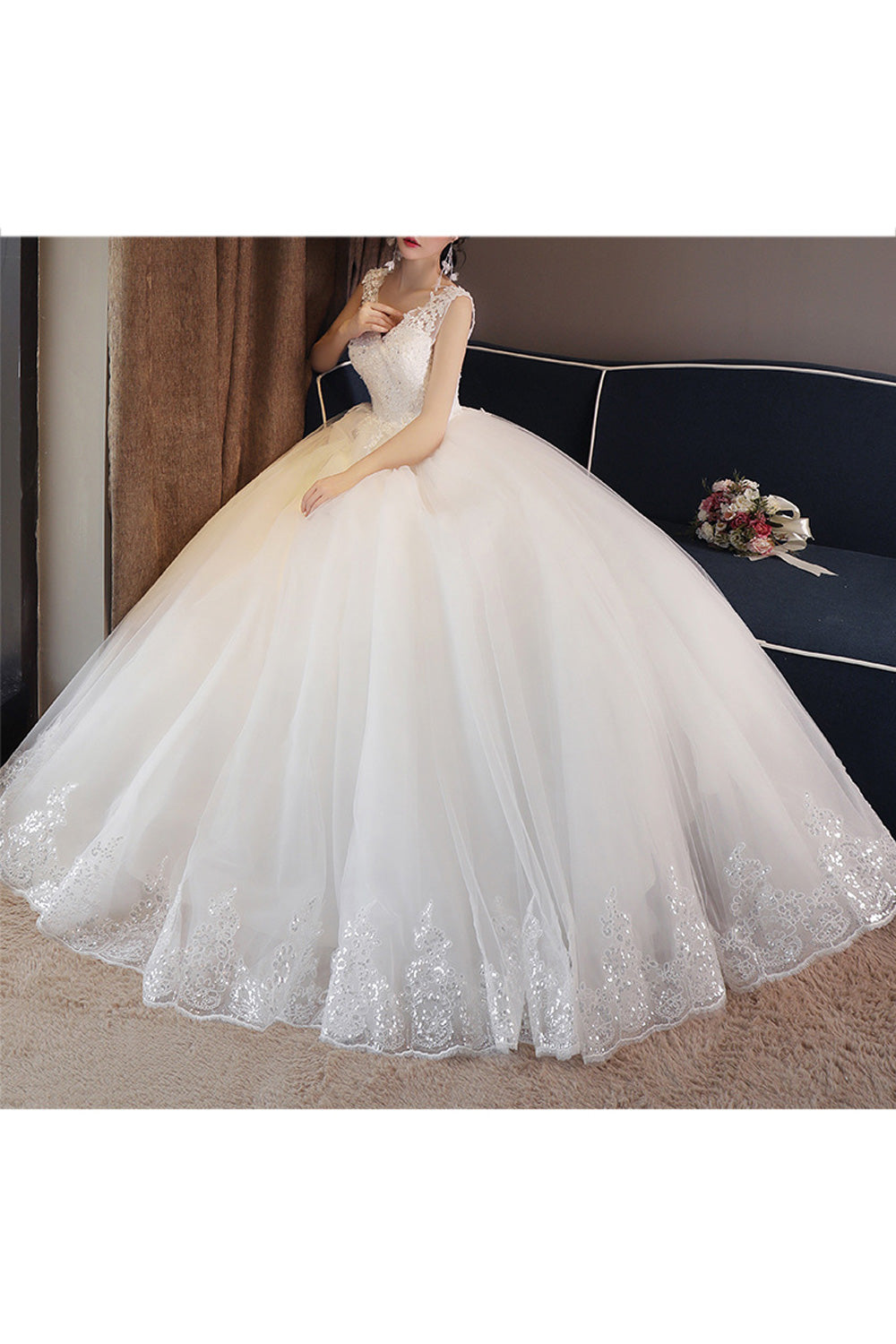 Women V-Neck Style Sleeveless Solid Pattern Floral Decorated Wedding Dress