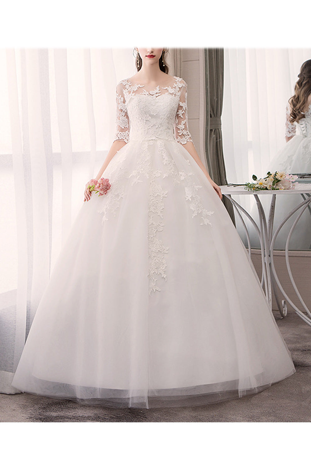 Women Beautiful Embroidered Style Round Neck Wedding Dress