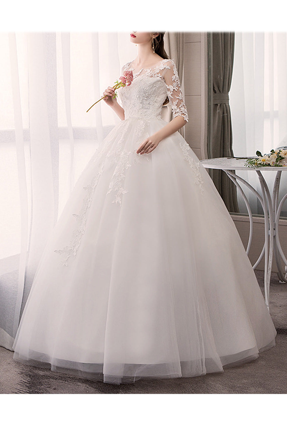 Women Beautiful Embroidered Style Round Neck Wedding Dress