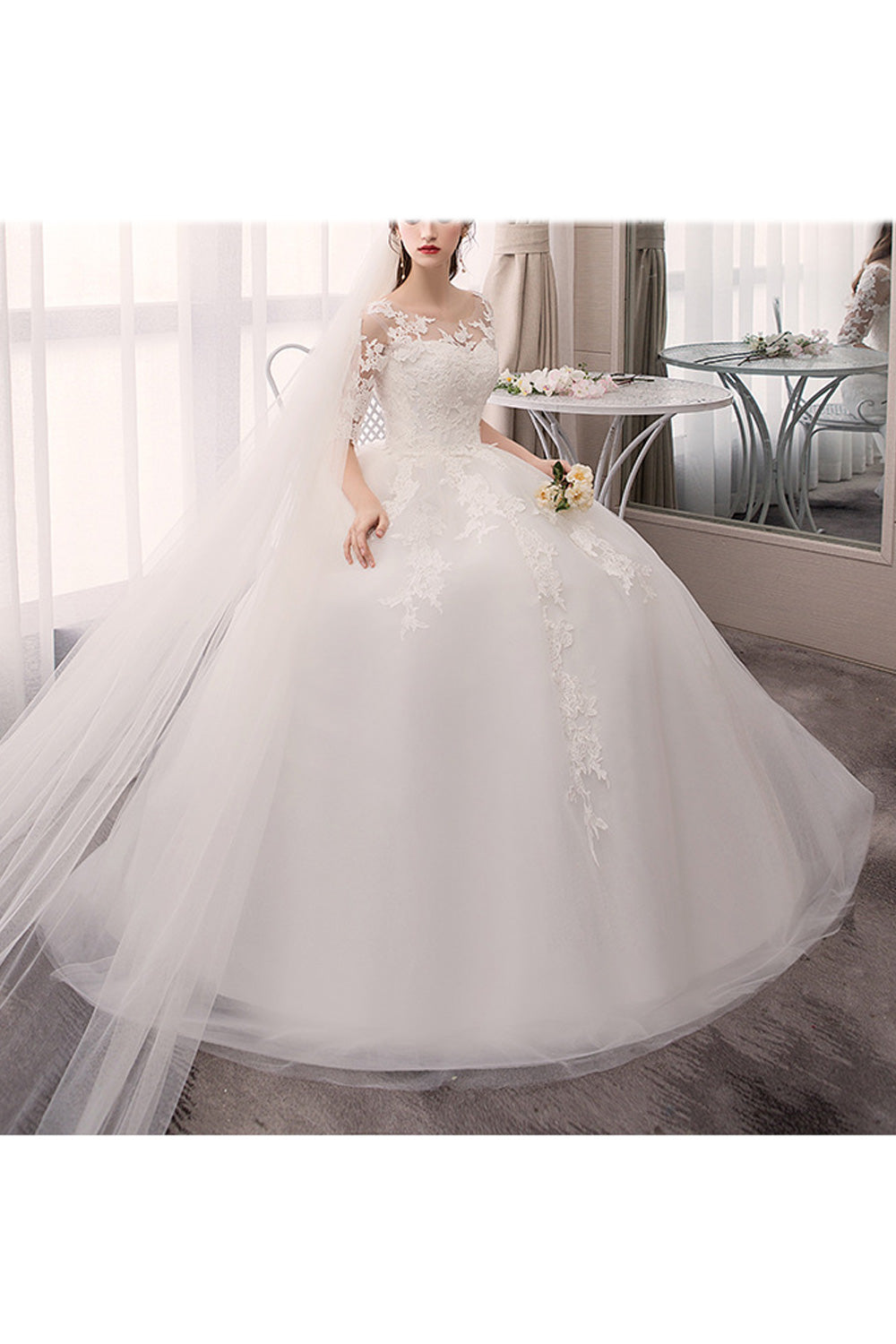 Women Beautiful Embroidered Style Round Neck Wedding Dress