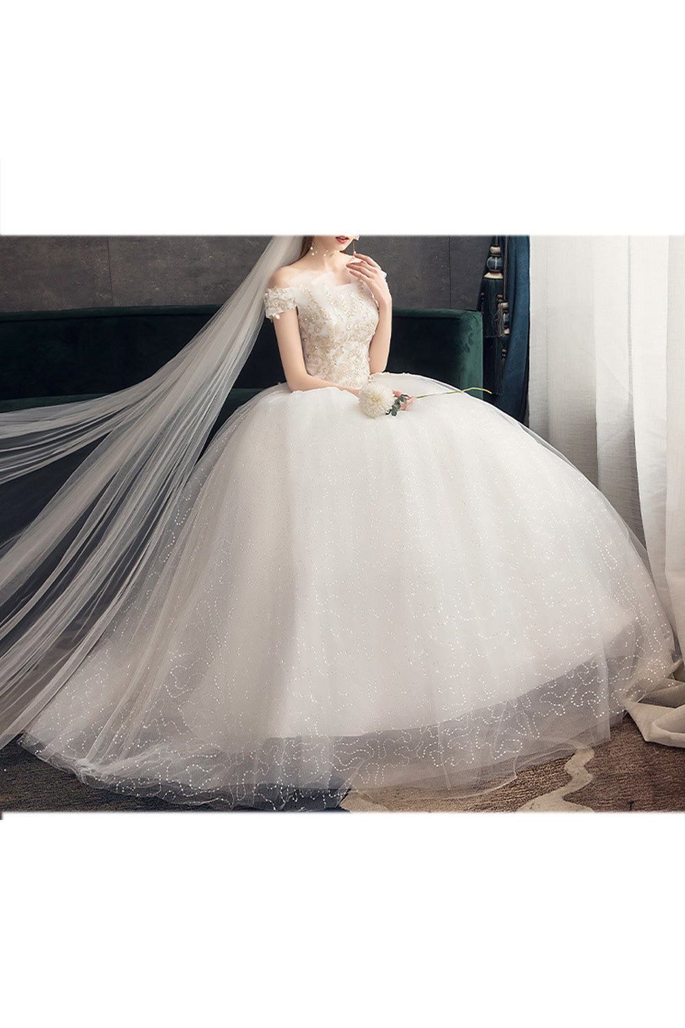 Women Ruffled Off-Shoulder Embroidered Elegant Wedding Dress