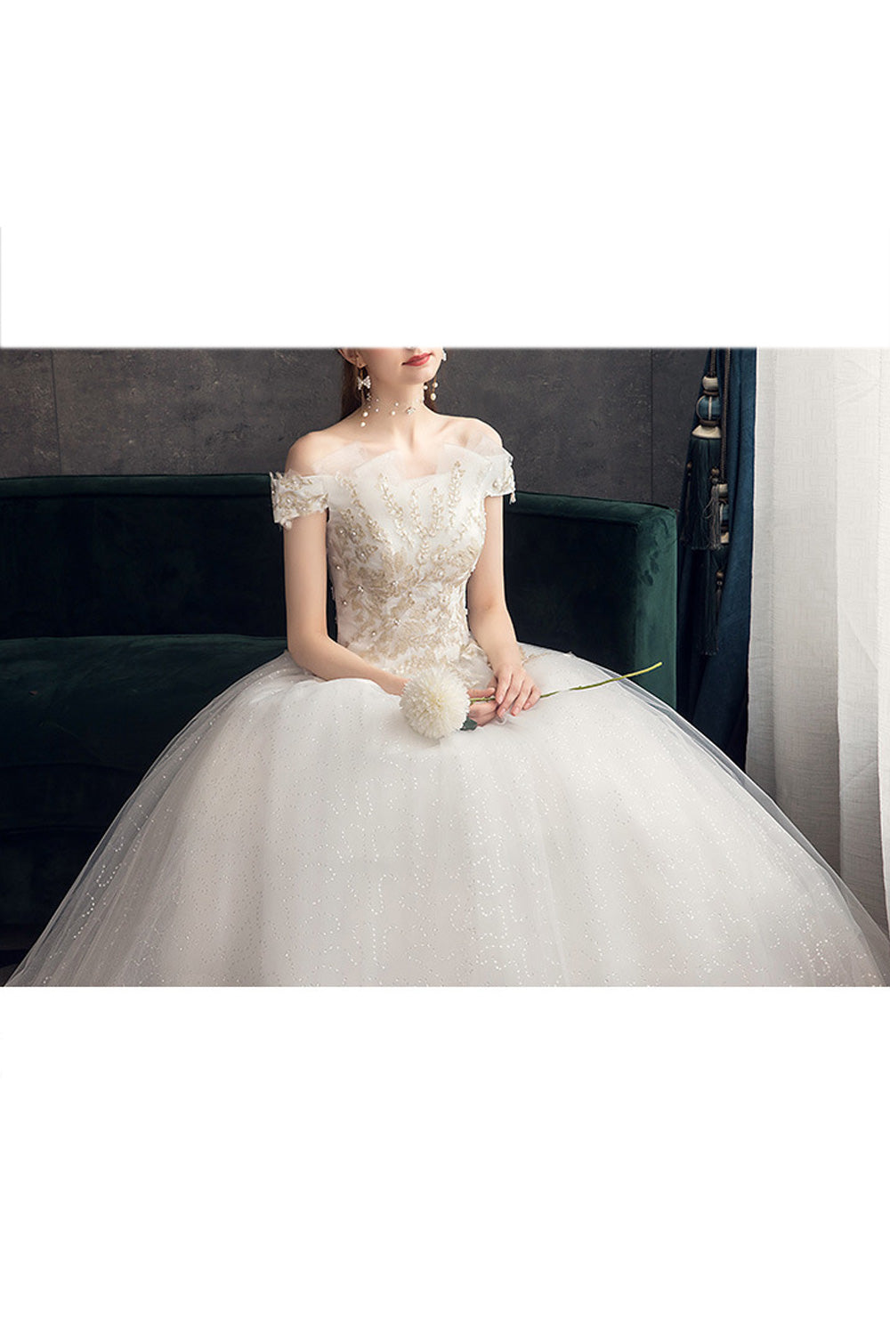 Women Ruffled Off-Shoulder Embroidered Elegant Wedding Dress