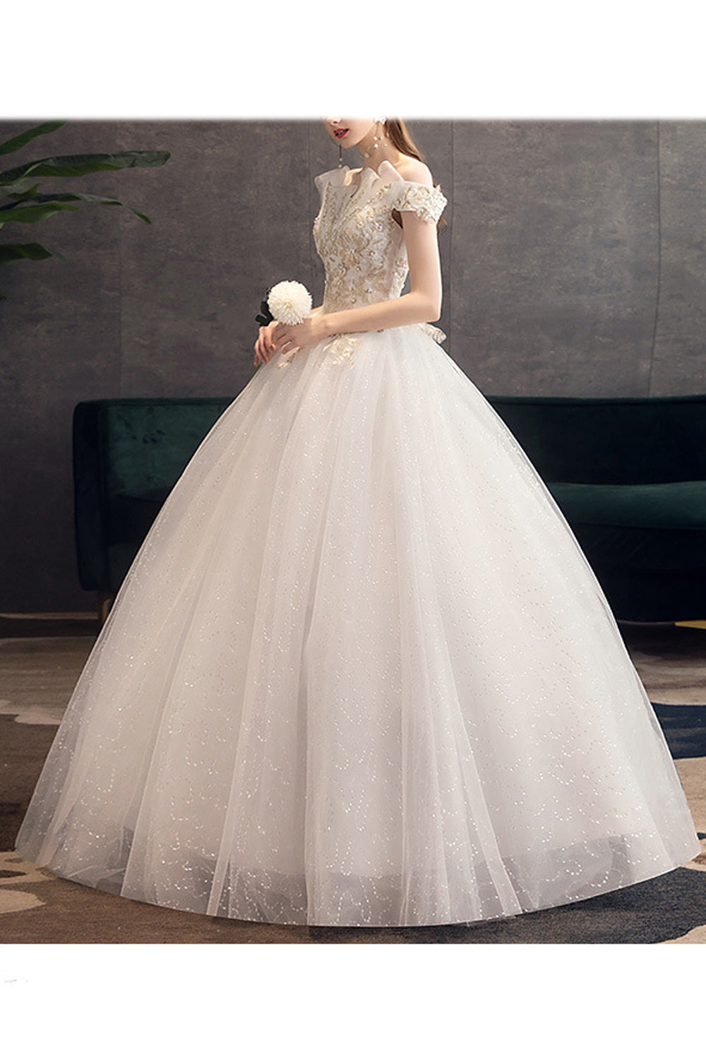 Women Ruffled Off-Shoulder Embroidered Elegant Wedding Dress
