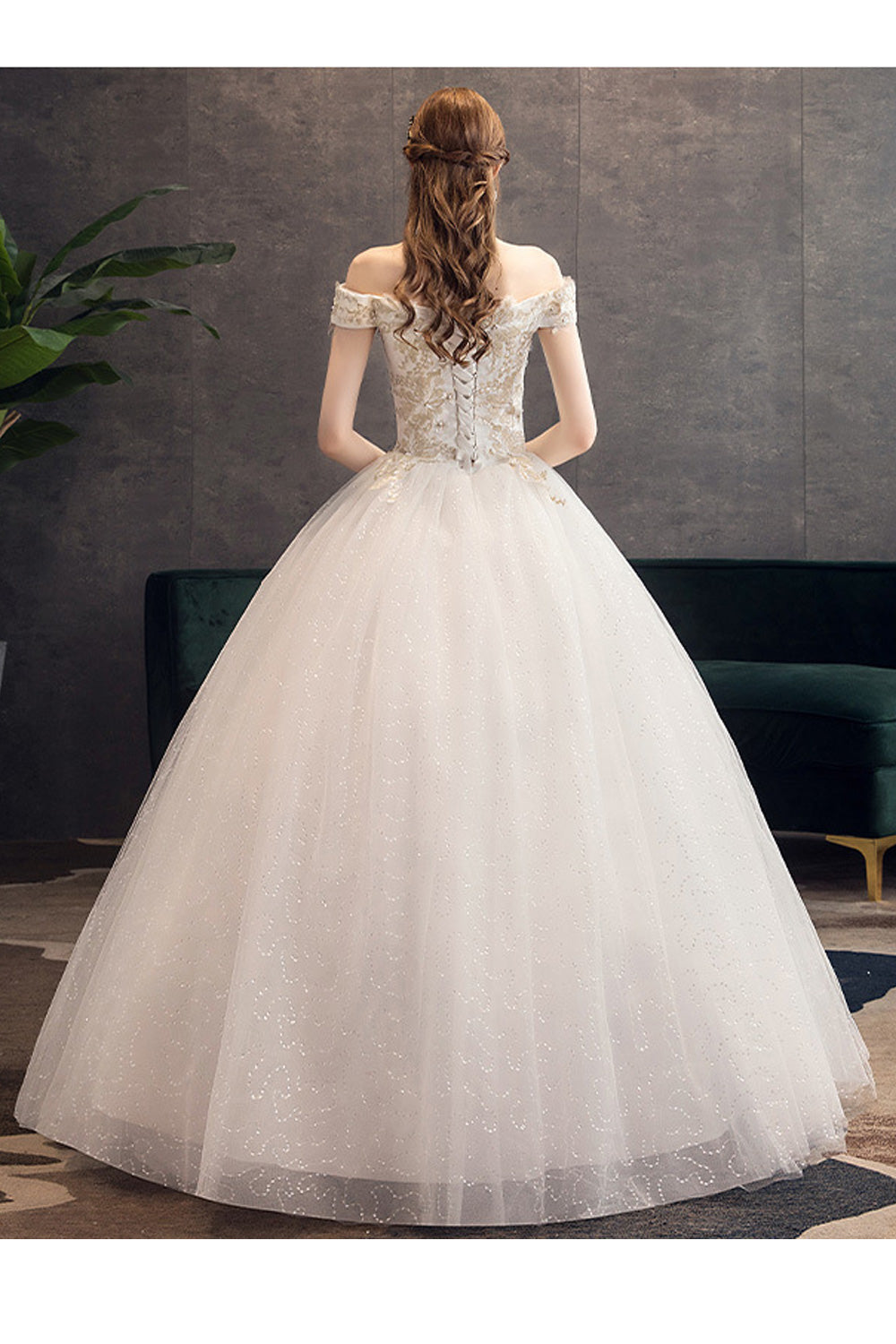 Women Ruffled Off-Shoulder Embroidered Elegant Wedding Dress