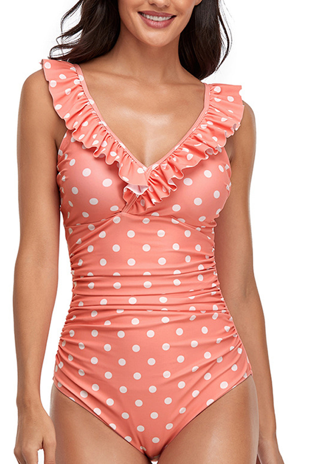 Women One Piece Solid Colored V-Neck Ruffled Style Soft Swimwear