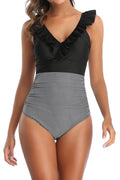 Women One Piece Solid Colored V-Neck Ruffled Style Soft Swimwear