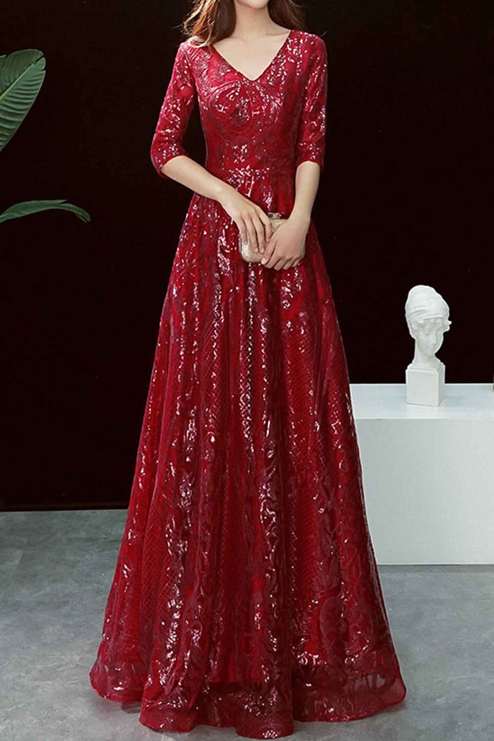 Women Short Sleeve Easy V-Neck Elegant Sequins Pattern Long Length Comfortable Proms & Party Dress