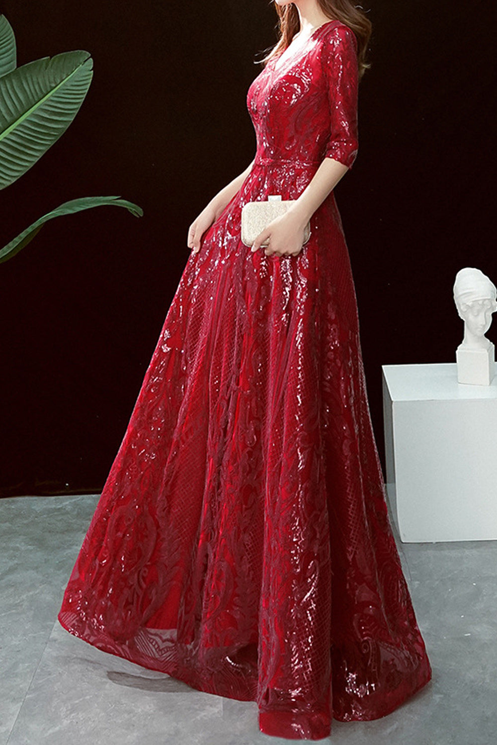 Women Short Sleeve Easy V-Neck Elegant Sequins Pattern Long Length Comfortable Proms & Party Dress