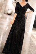 Women Short Sleeve Easy V-Neck Elegant Sequins Pattern Long Length Comfortable Proms & Party Dress