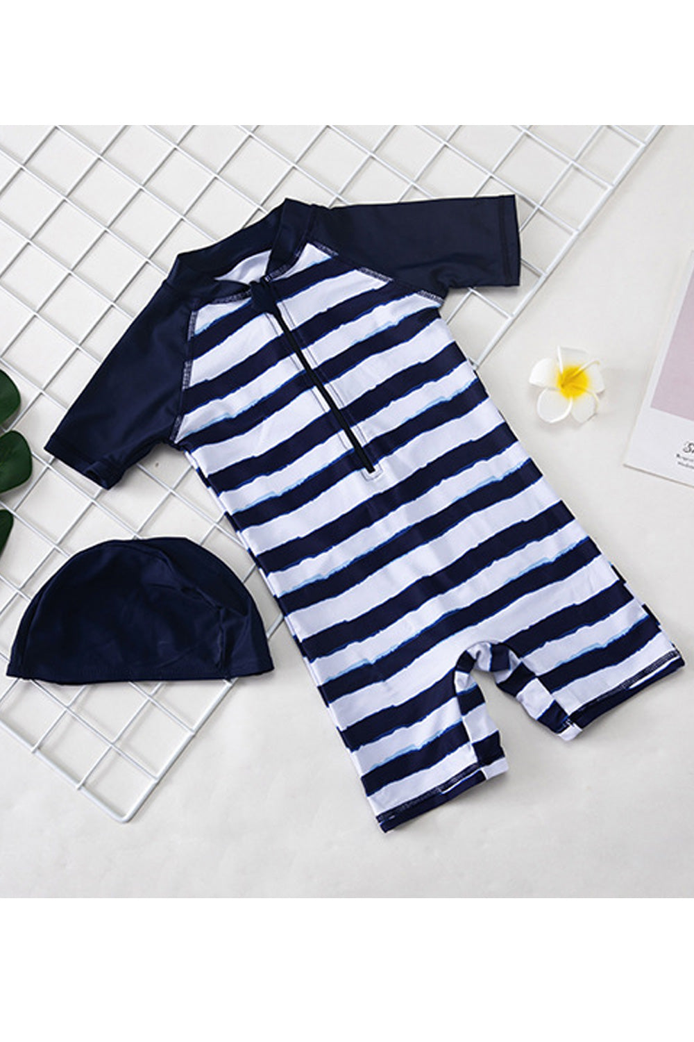 Baby Boys Stylish Striped Pattern Short Sleeve One Piece Swimwear