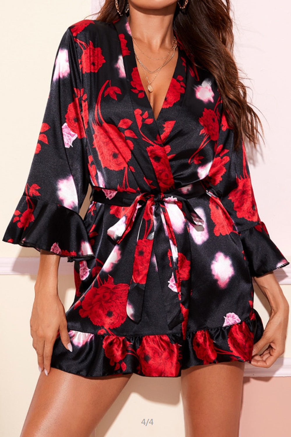 Women Thin Short Sleeve Easy Belt Closure Deep V-Neck Outstanding Printed Pattern Summer Night Wear Lingerie