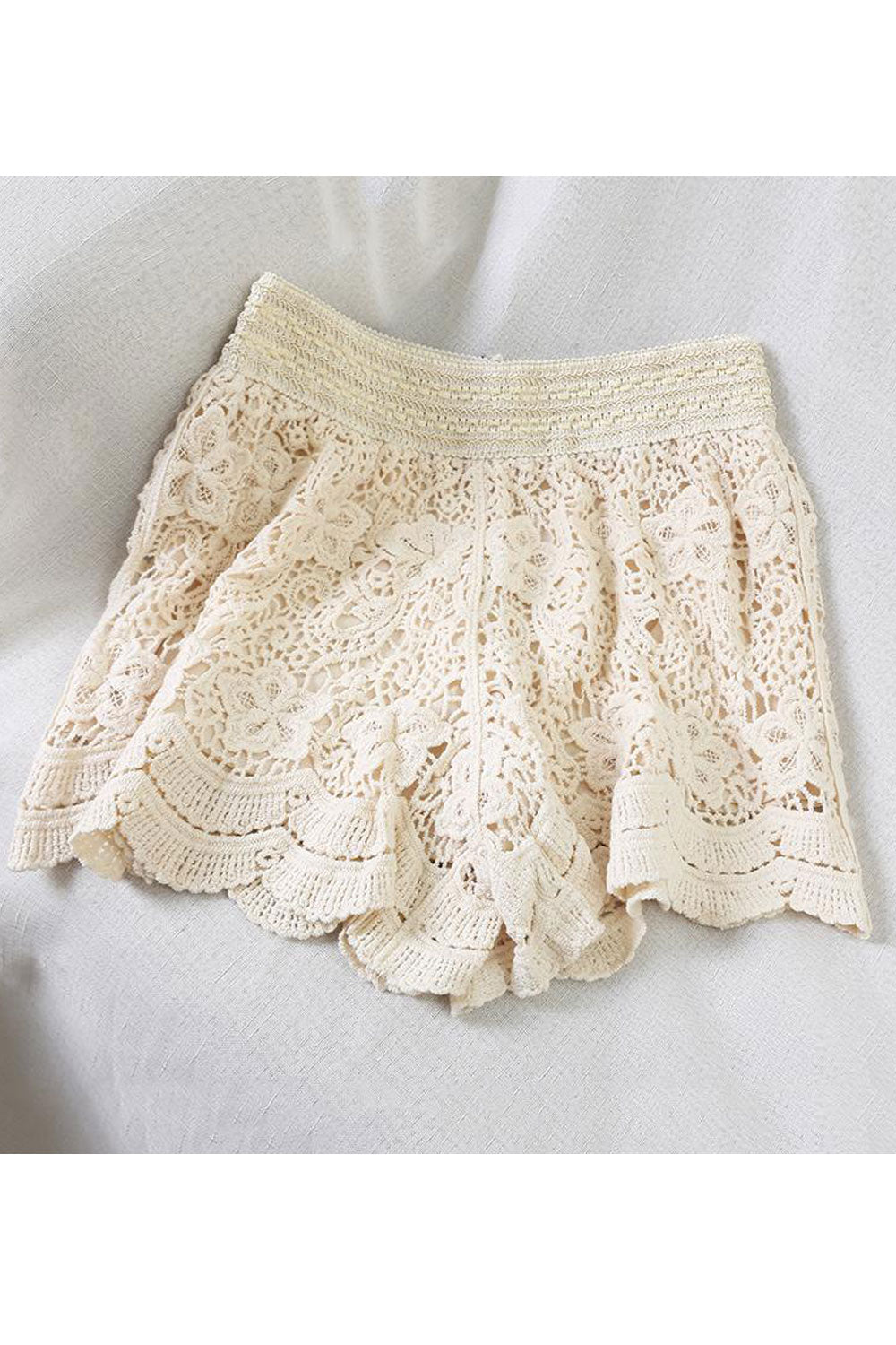 Women Summer Flower Lace Elastic Waist Solid Color Short