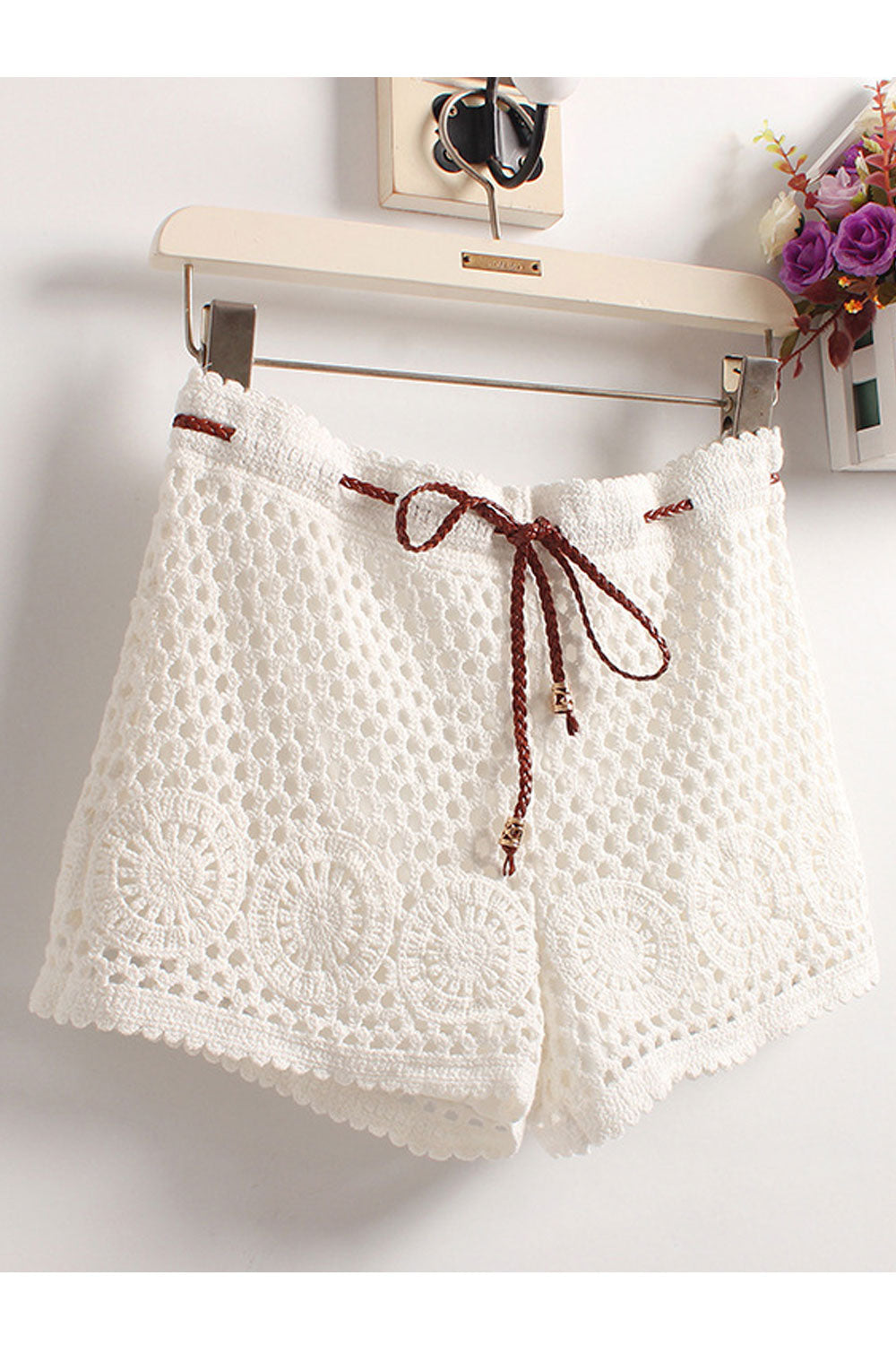 Women Hole Lace Drawstring Waist Solid Color Short