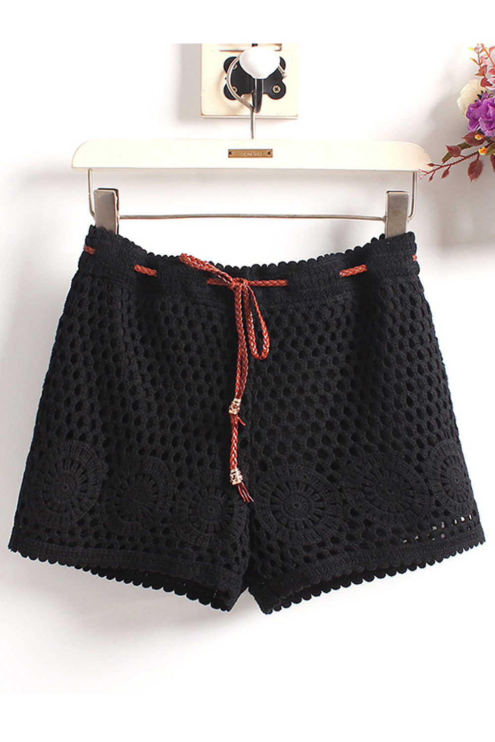 Women Hole Lace Drawstring Waist Solid Color Short