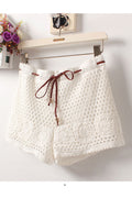 Women Hole Lace Drawstring Waist Solid Color Short