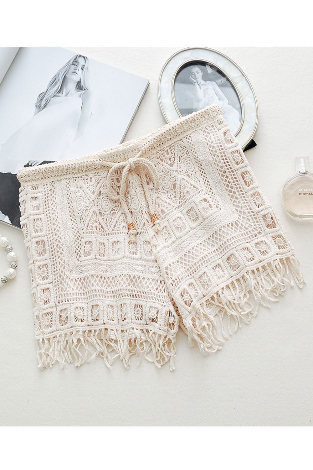 Women Lace Up Tassel Hem Tie Waist Summer Short