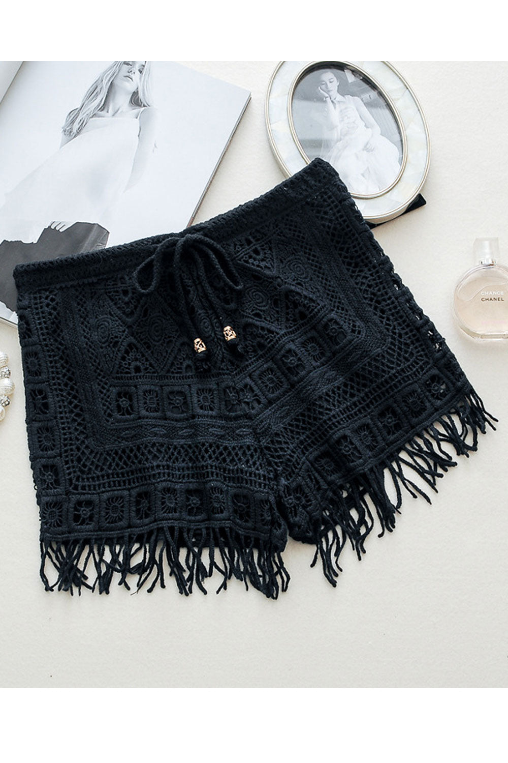 Women Lace Up Tassel Hem Tie Waist Summer Short