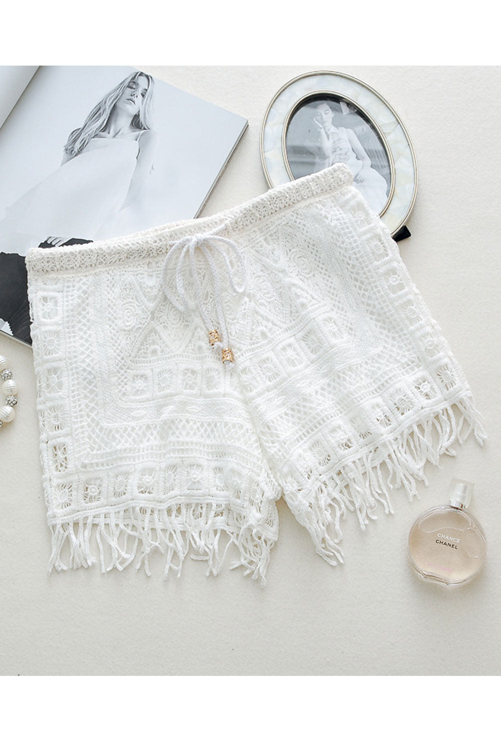 Women Lace Up Tassel Hem Tie Waist Summer Short