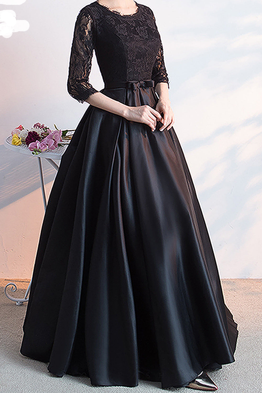 Women Elegant Solid Colored Soft Long Skirt Elbow Sleeve Evening Party Dress