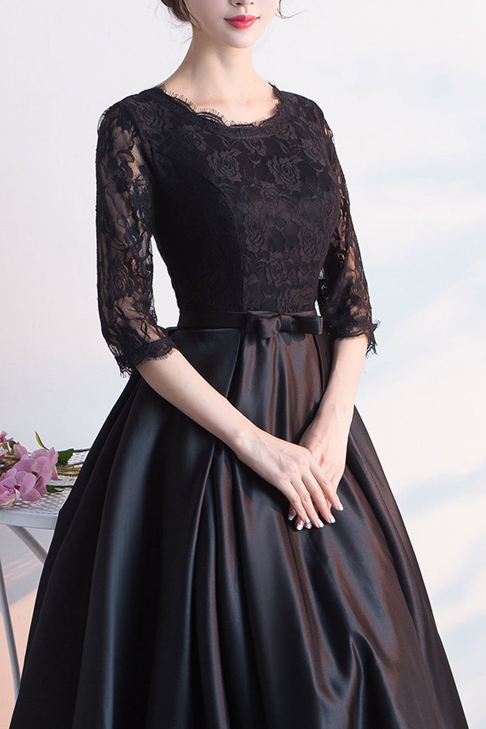 Women Elegant Solid Colored Soft Long Skirt Elbow Sleeve Evening Party Dress