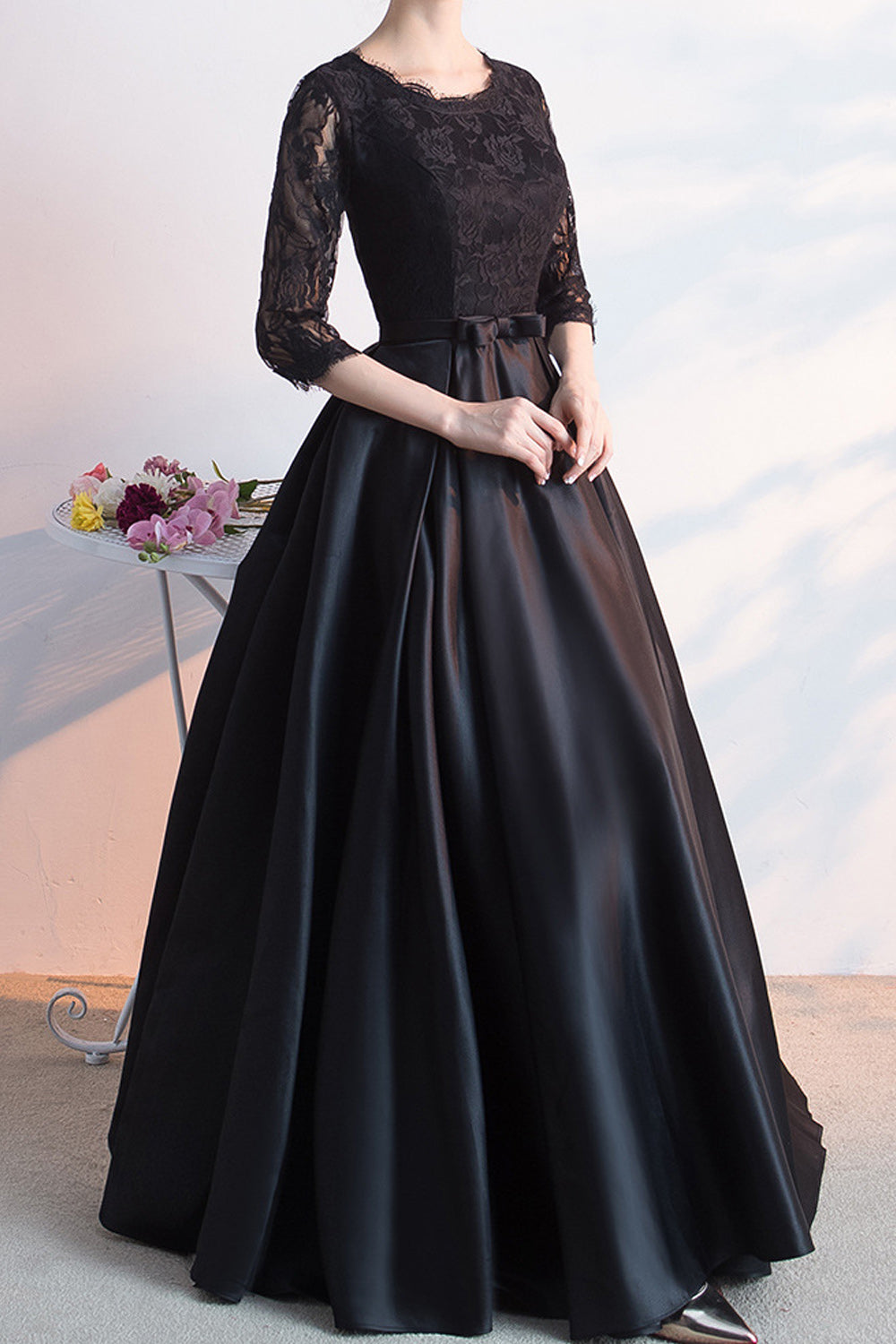 Women Elegant Solid Colored Soft Long Skirt Elbow Sleeve Evening Party Dress