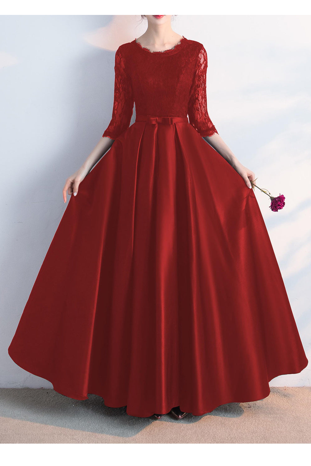 Women Elegant Solid Colored Soft Long Skirt Elbow Sleeve Evening Party Dress
