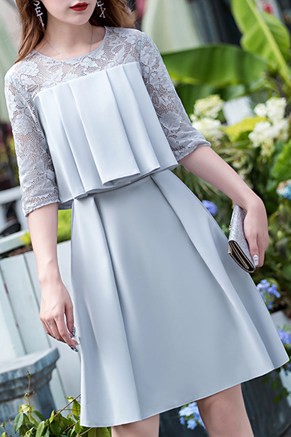 Women Half Sleeve Round Neck Smooth Skirt Breathable Evening Party Dress