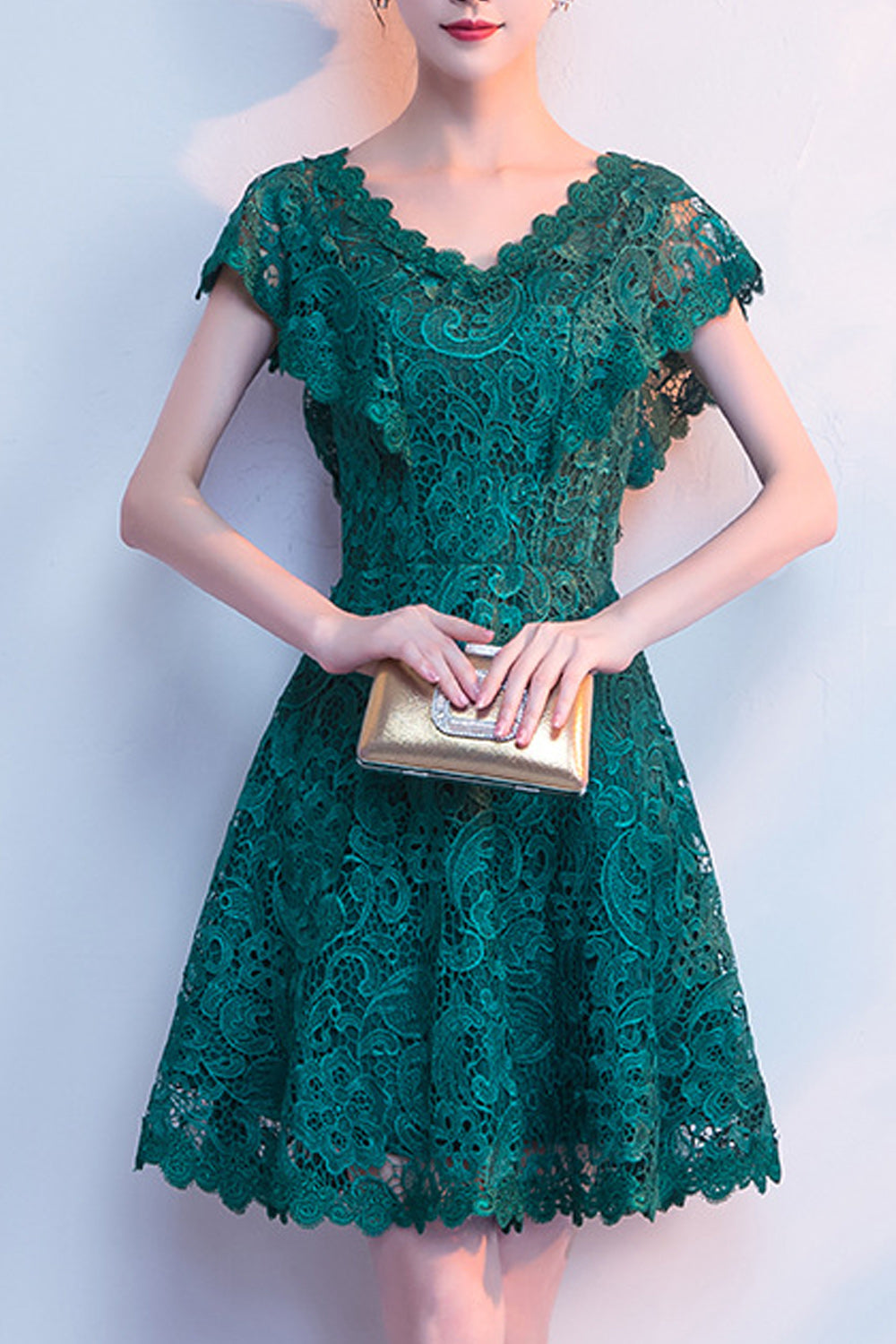 Women Short Sleeve V-Neck Short Skirt Cool Lace Embroidered Party Dress