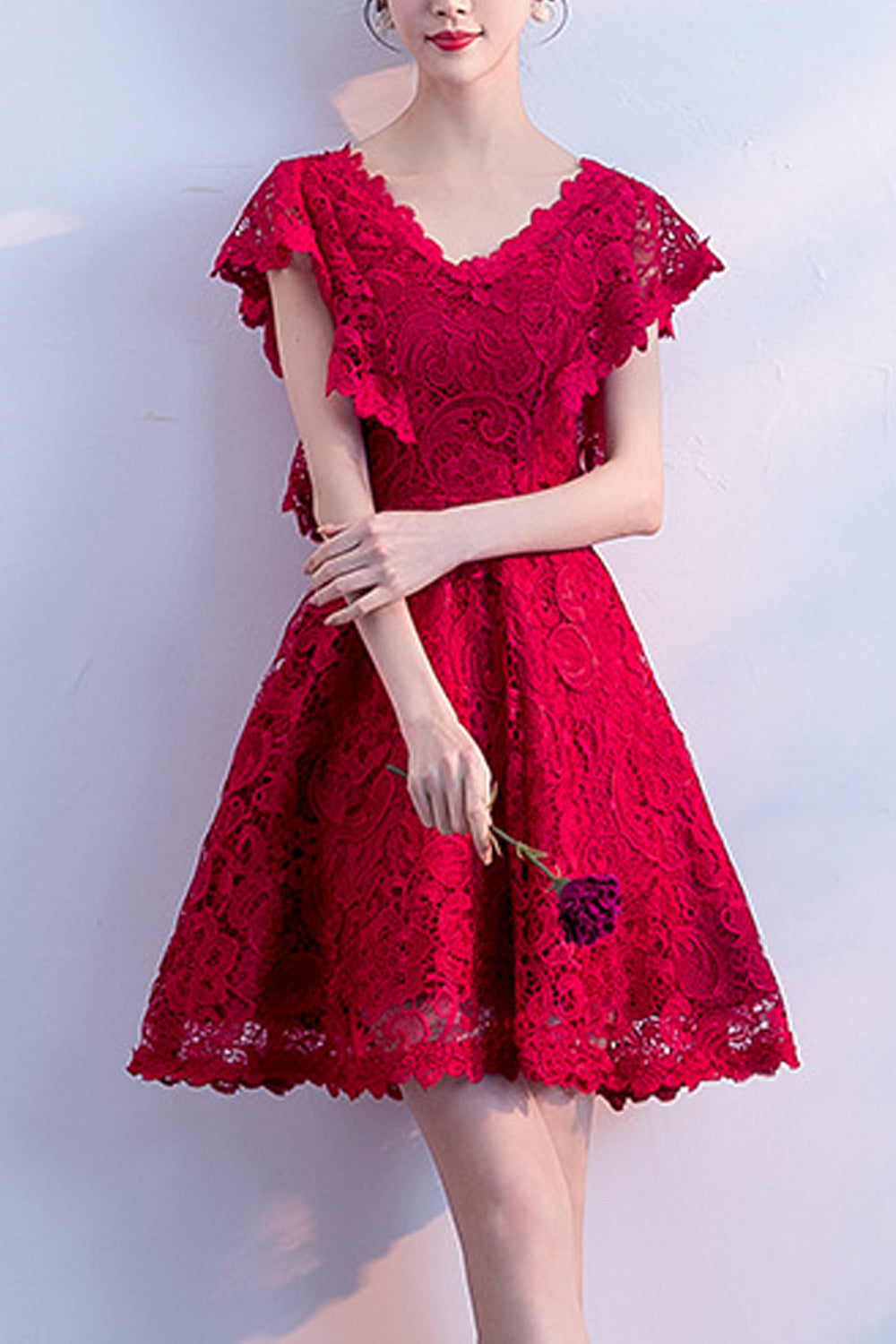 Women Short Sleeve V-Neck Short Skirt Cool Lace Embroidered Party Dress