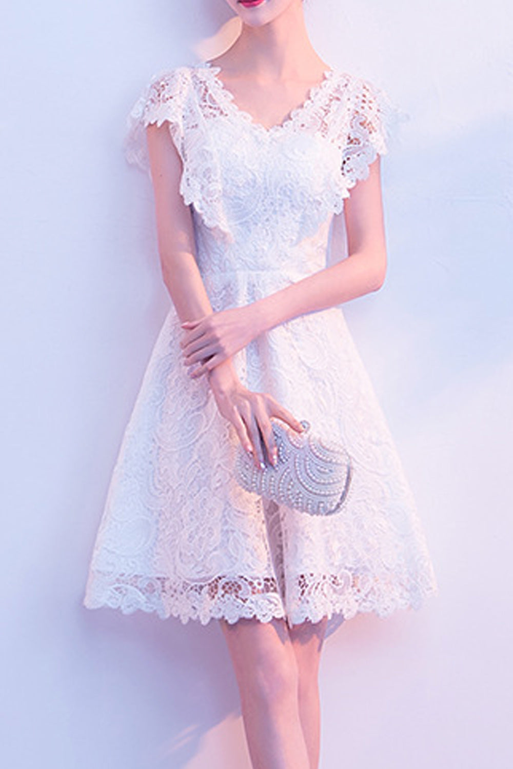 Women Short Sleeve V-Neck Short Skirt Cool Lace Embroidered Party Dress