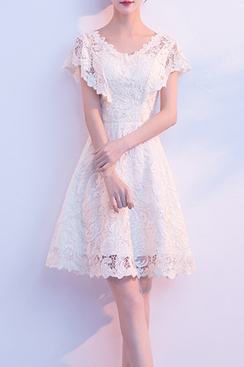Women Short Sleeve V-Neck Short Skirt Cool Lace Embroidered Party Dress