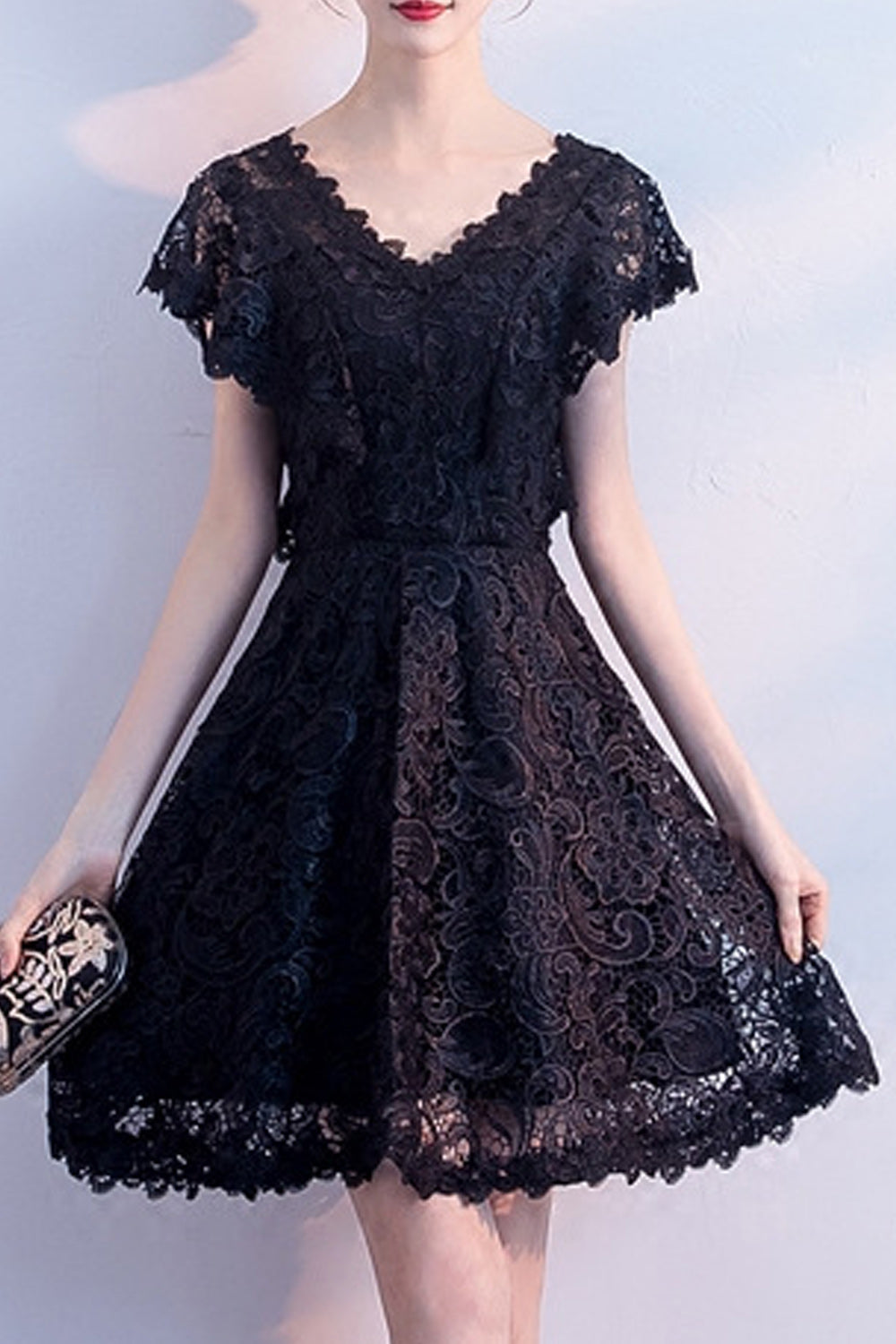 Women Short Sleeve V-Neck Short Skirt Cool Lace Embroidered Party Dress