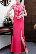 Women Slit Hem Trendy Stand Collar Embroidered Style Evening Dress