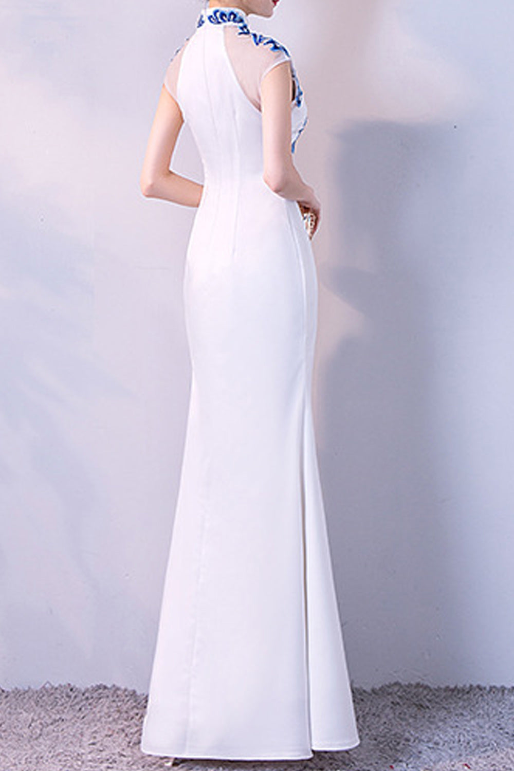 Women Elegant Fishtail Stand Collar Embroidered Style Evening Dress