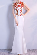 Women Elegant Fishtail Stand Collar Embroidered Style Evening Dress