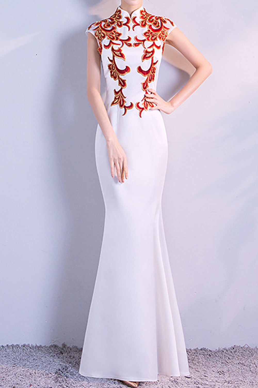 Women Elegant Fishtail Stand Collar Embroidered Style Evening Dress