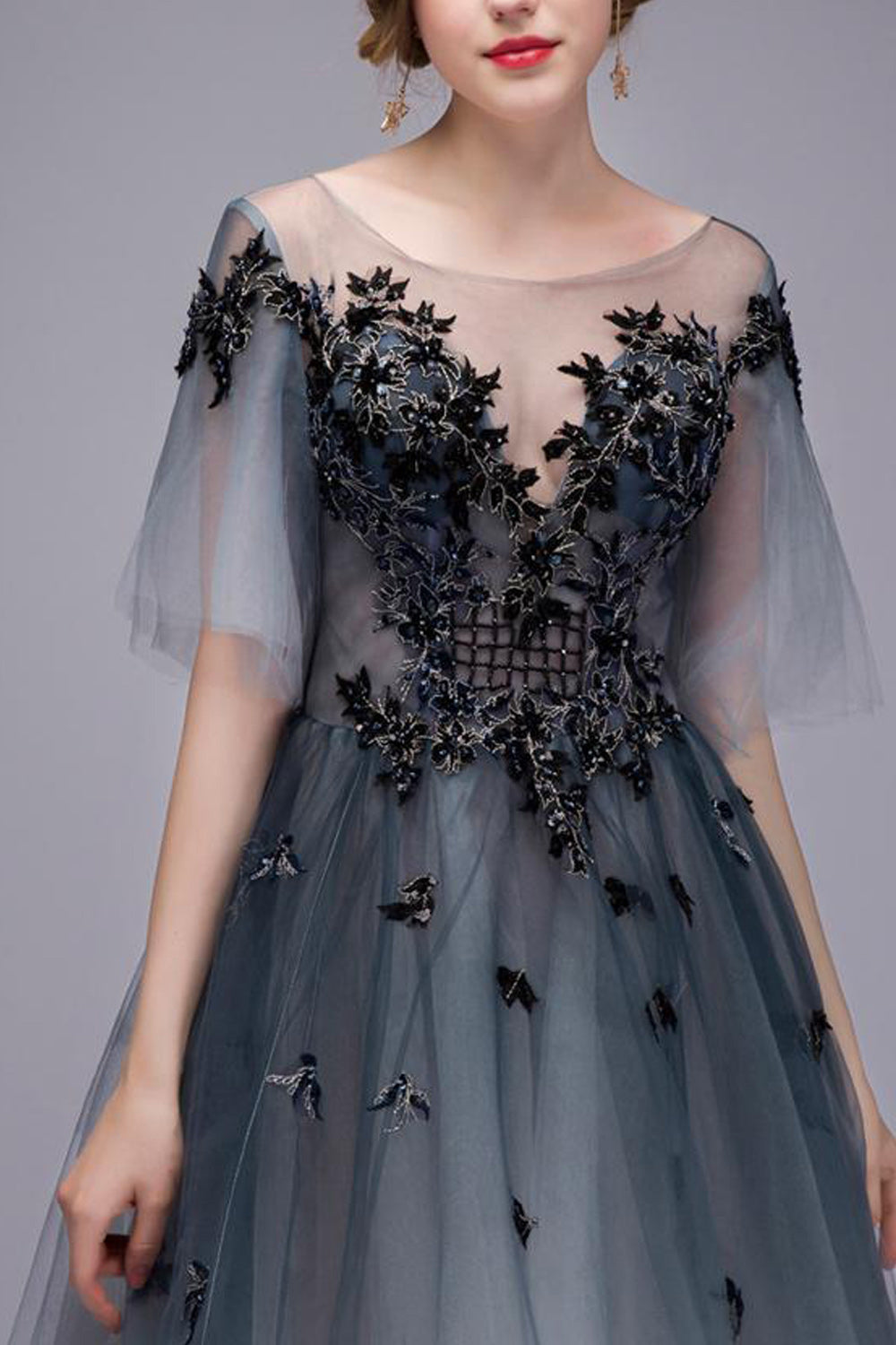 Women Half Sleeve Double Shaded Embroidered Thin Round Neck Party Dress