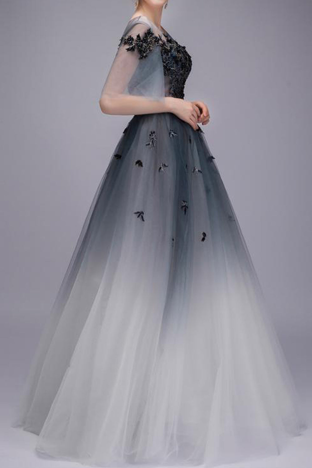 Women Half Sleeve Double Shaded Embroidered Thin Round Neck Party Dress