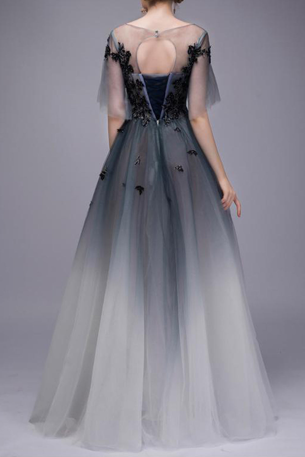 Women Half Sleeve Double Shaded Embroidered Thin Round Neck Party Dress