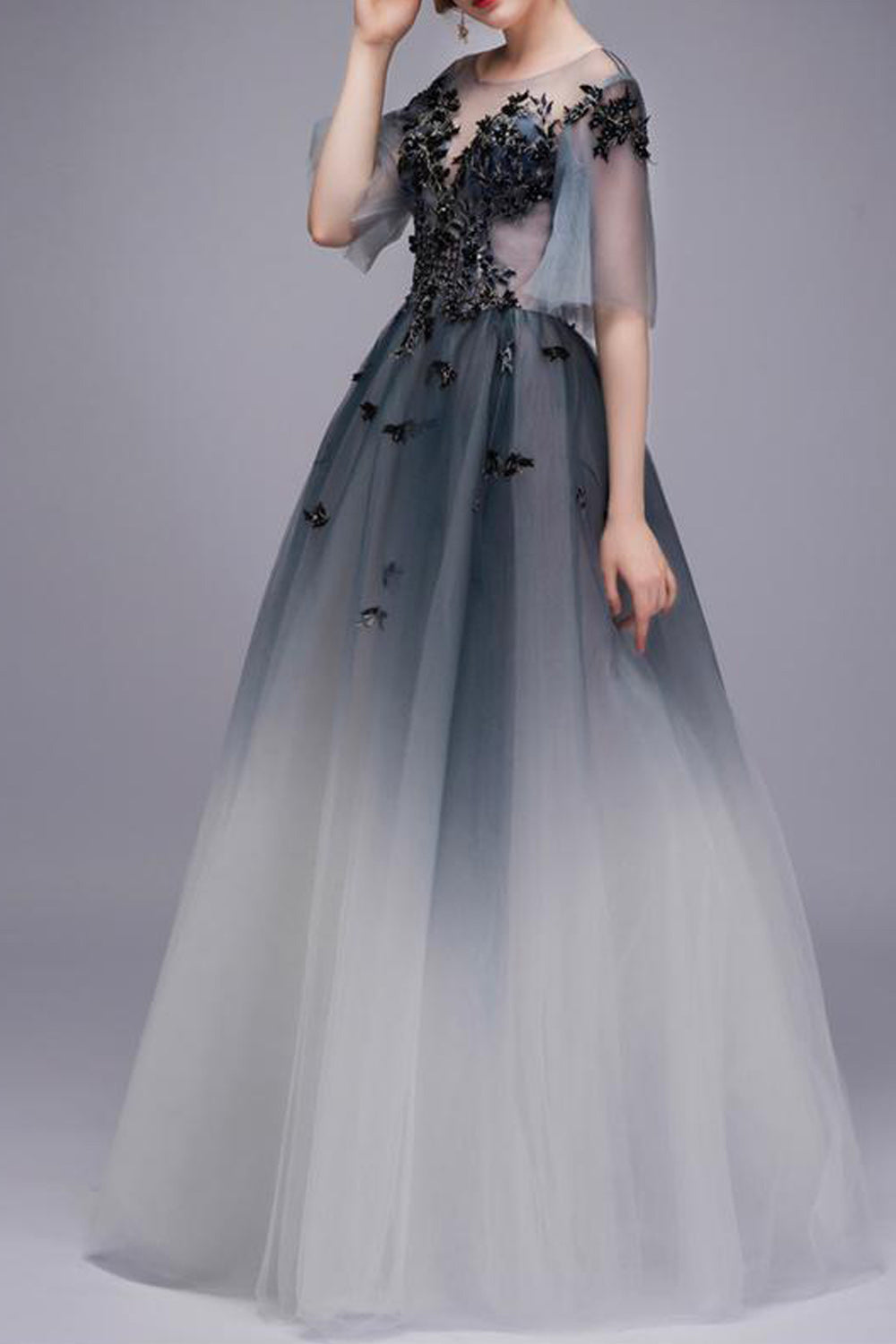 Women Half Sleeve Double Shaded Embroidered Thin Round Neck Party Dress